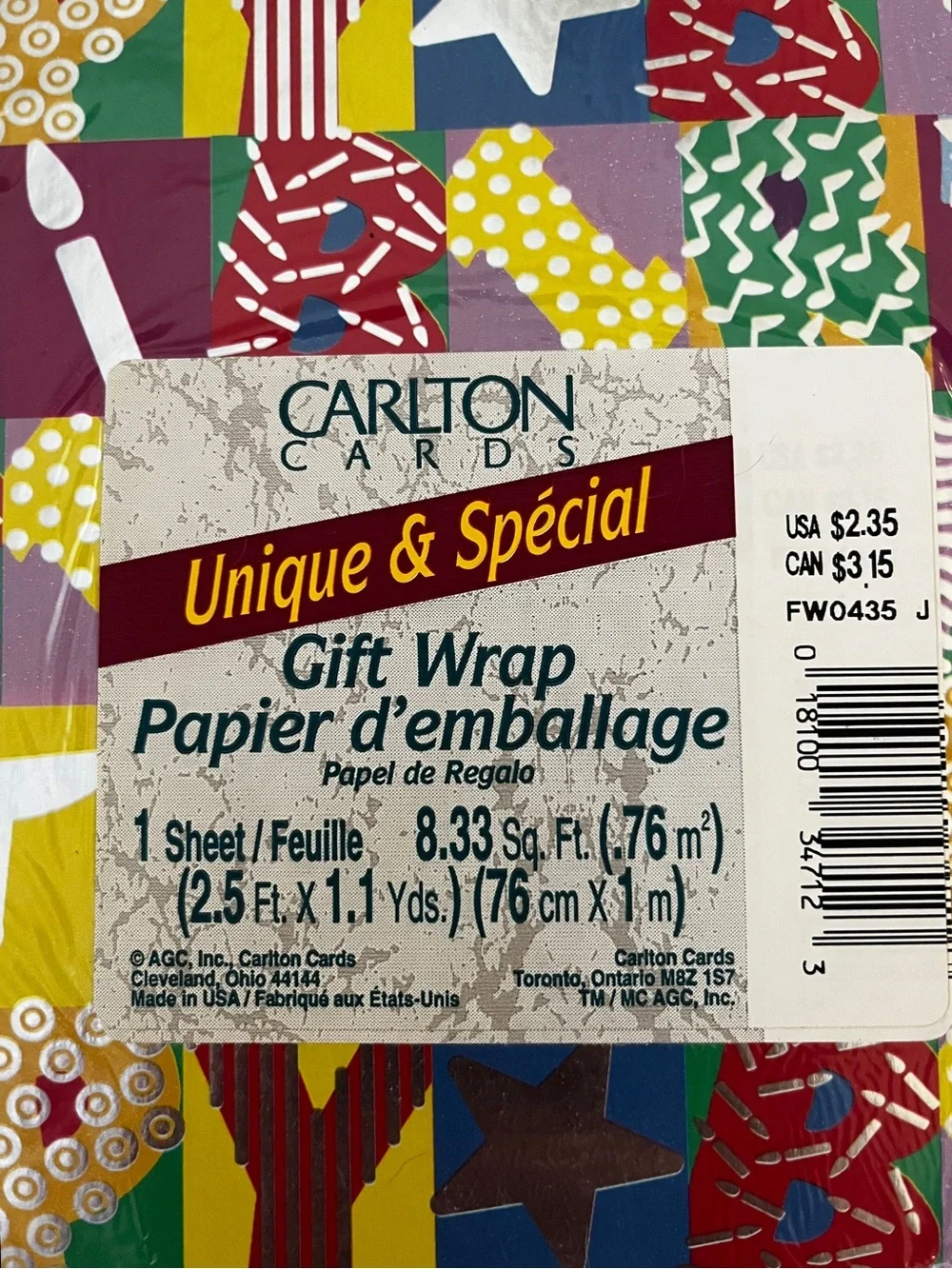 VTG 90s Carlton Cards Birthday Gift Wrap Block Pattern w/ Silver Foil New Sealed